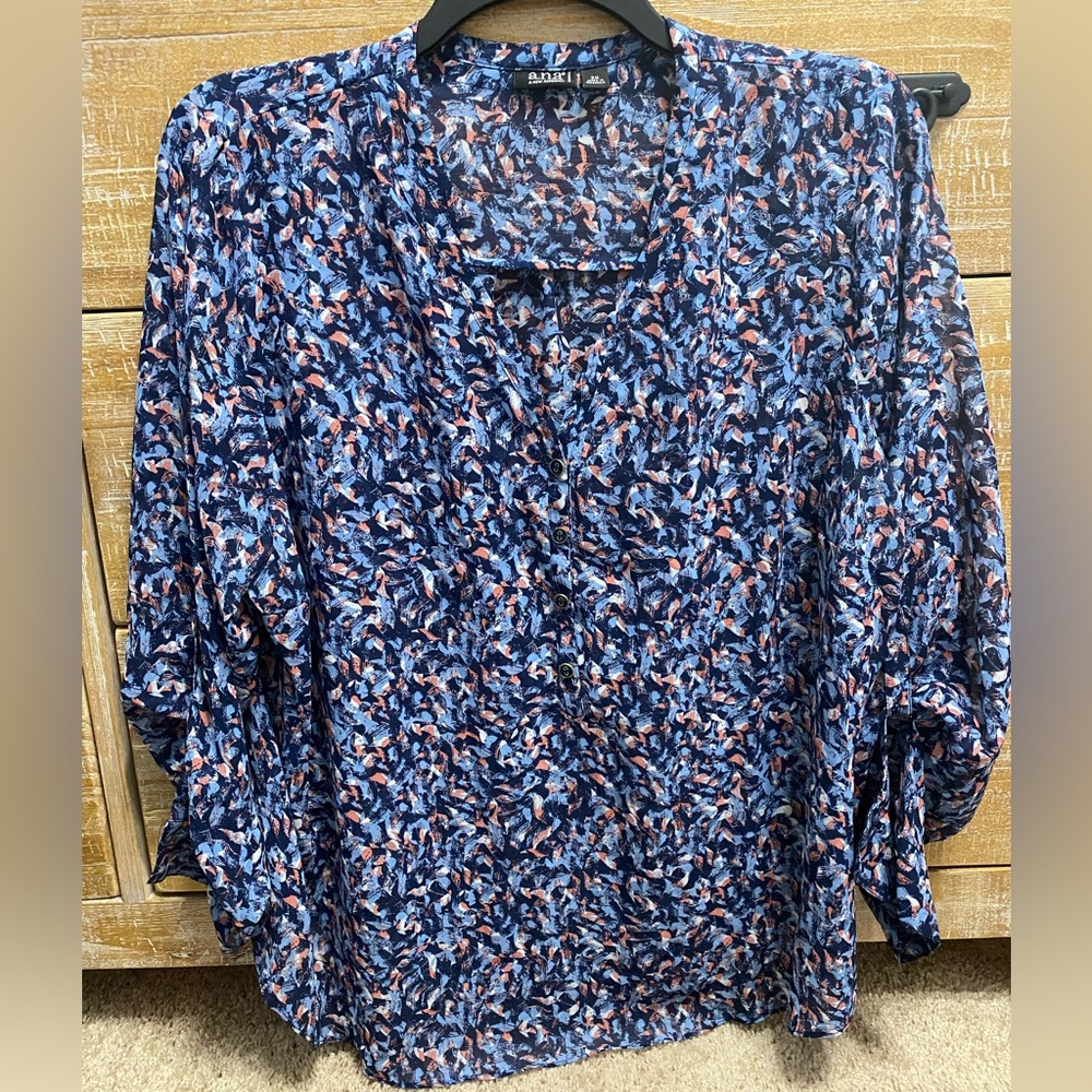 a.n.a Navy Blue Floral Print Blouse with Coral Accents